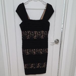 Adrianna Papell Black Lace-Trim Sheath Dress with Nude Underlay